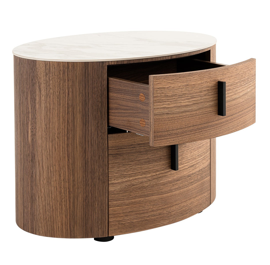 Chelton - Contemporary White Ceramic & Walnut Oval Nightstand