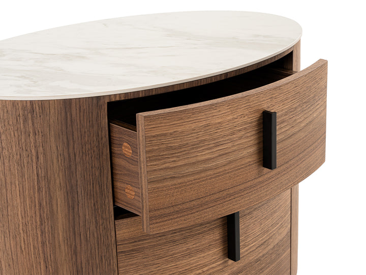Chelton - Contemporary White Ceramic &amp; Walnut Oval Nightstand