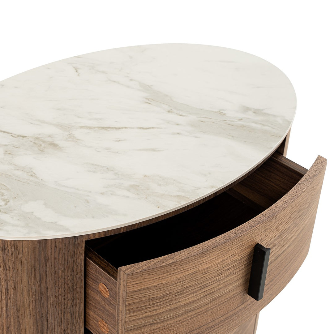 Chelton - Contemporary White Ceramic & Walnut Oval Nightstand