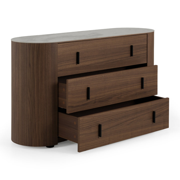 Chelton - Contemporary White Ceramic &amp; Walnut 3-Drawer Dresser