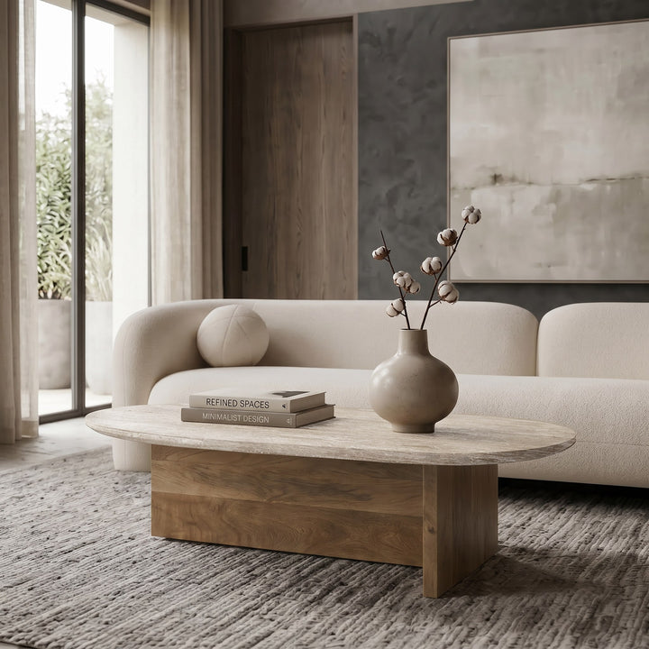 Chisholm - Modern Travertine Marble + Wood Freeform Coffee Table