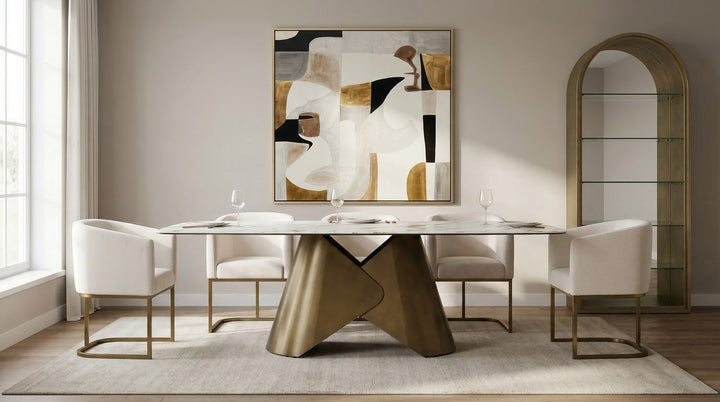 Chiswell - Contemporary White Ceramic + Brushed Brass Dining Table