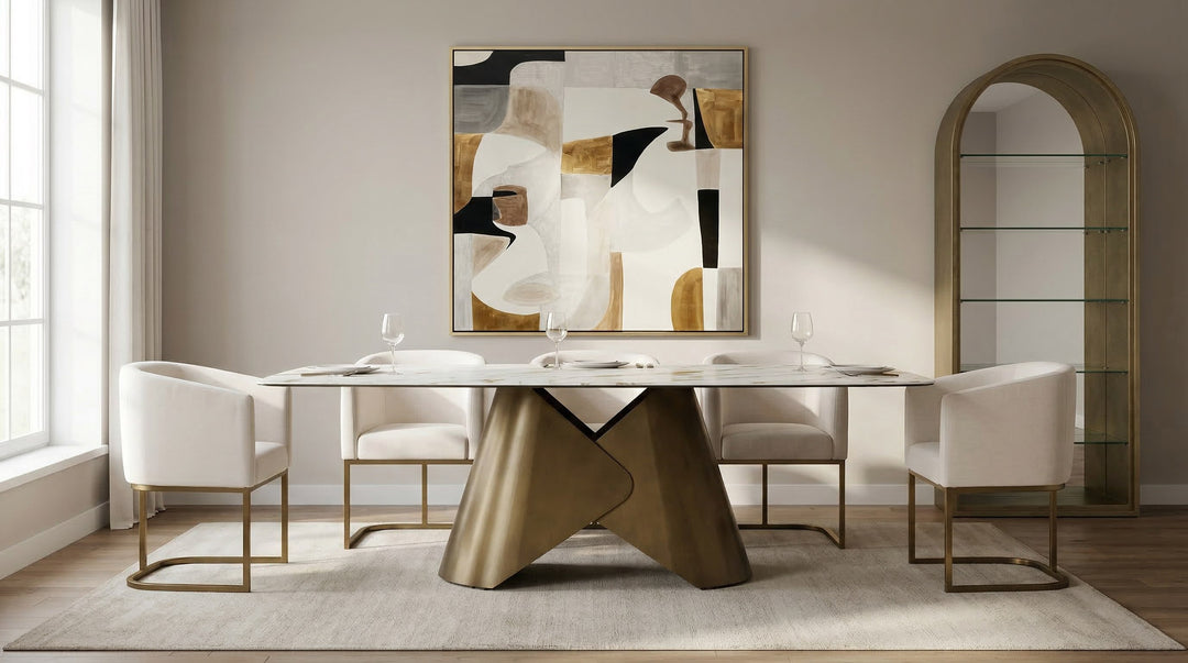 Chiswell - Contemporary White Ceramic + Brushed Brass Dining Table