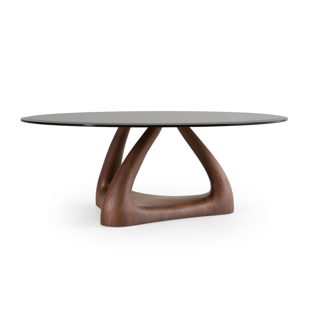 Christy - Mid-Century Modern Grey Glass  Walnut Round Coffee Table