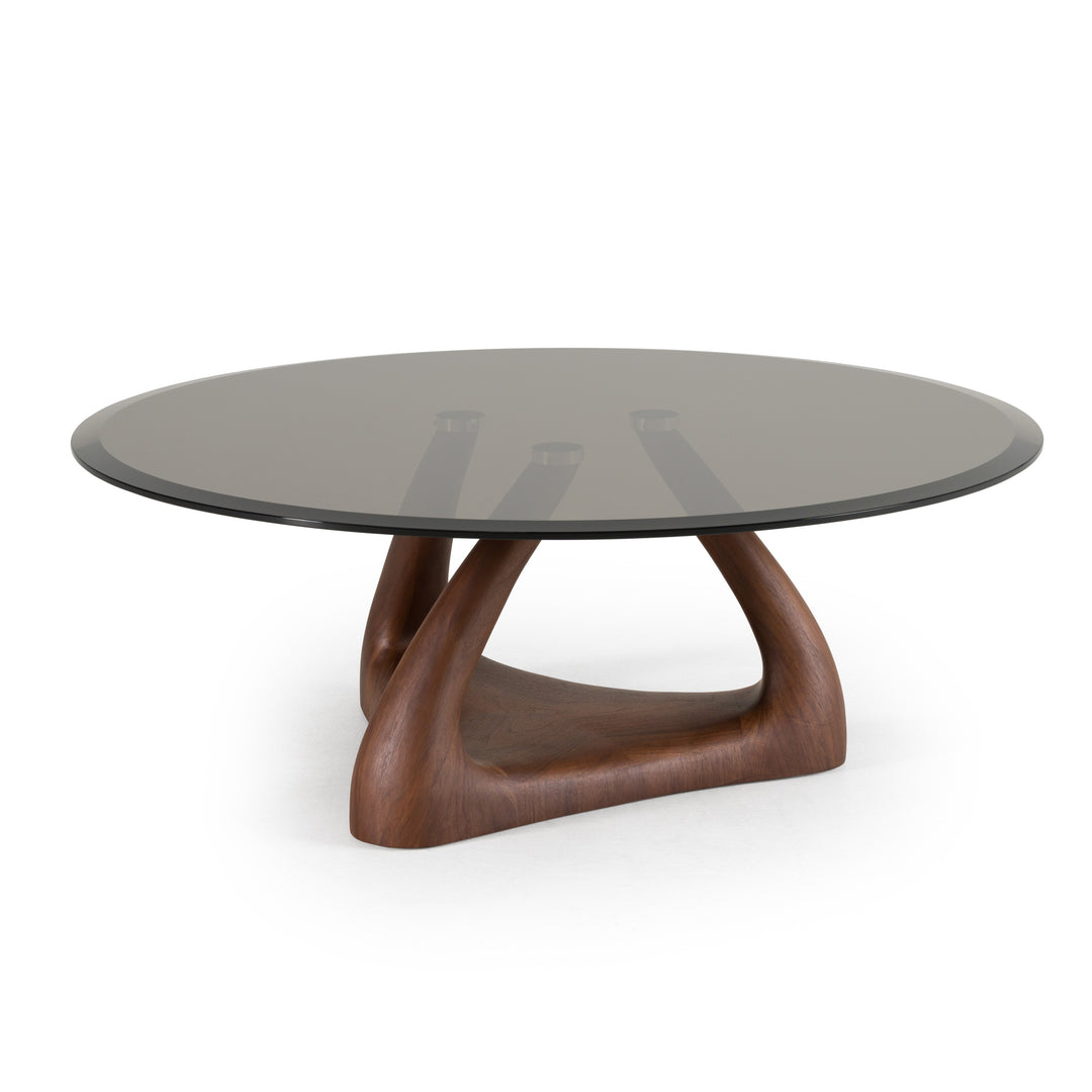 Christy - Mid-Century Modern Grey Glass + Walnut Round Coffee Table
