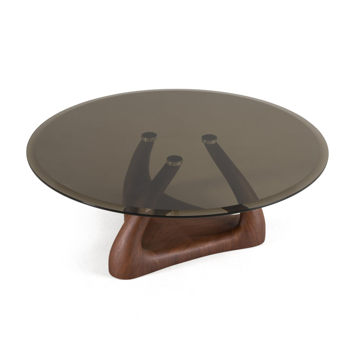 Christy - Mid-Century Modern Grey Glass  Walnut Round Coffee Table