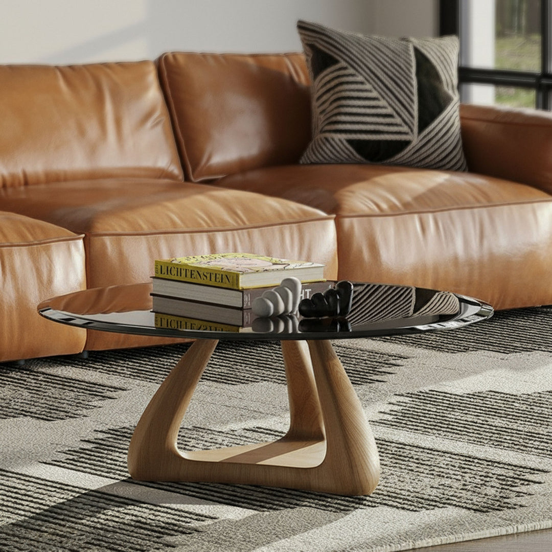 Christy - Mid-Century Modern Grey Glass  Walnut Round Coffee Table