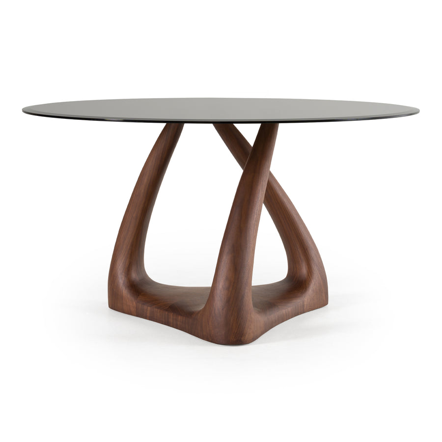 Christy - Mid-Century Modern Grey Glass  Walnut Round Dining Table