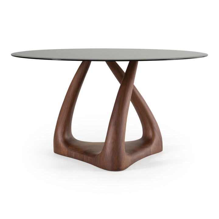 Christy - Mid-Century Modern Grey Glass + Walnut Round Dining Table