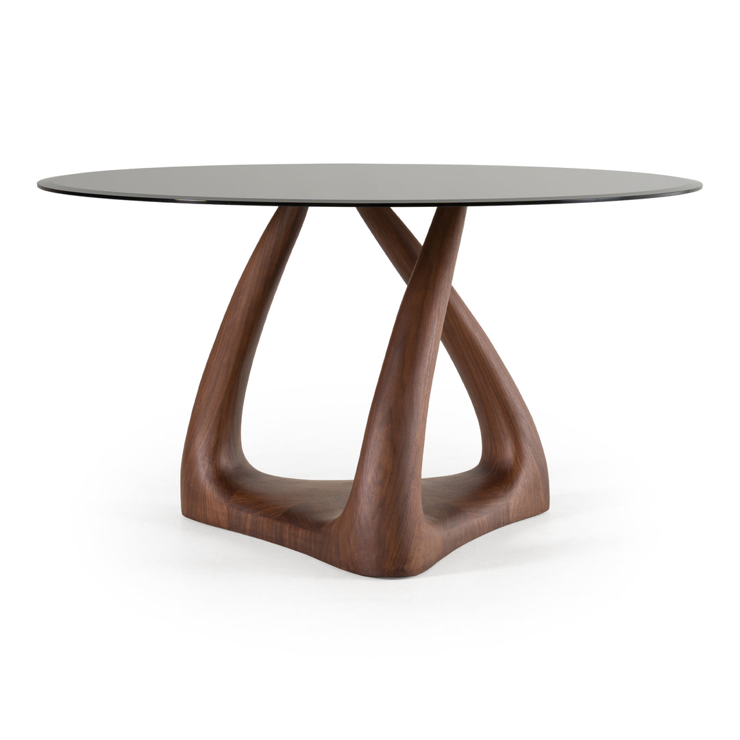Christy - Mid-Century Modern Grey Glass + Walnut Round Dining Table