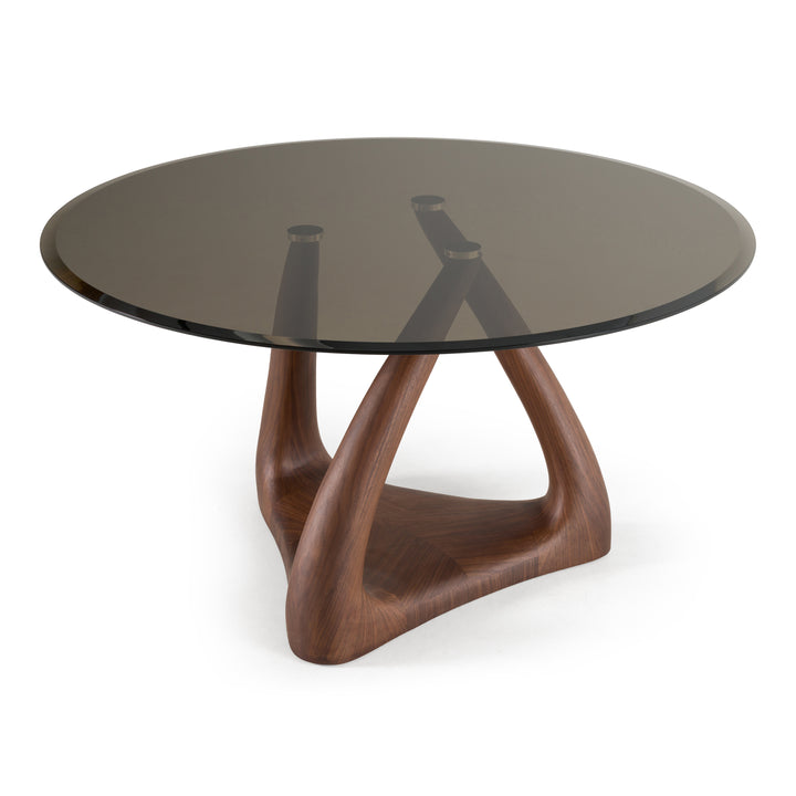 Christy - Mid-Century Modern Grey Glass + Walnut Round Dining Table