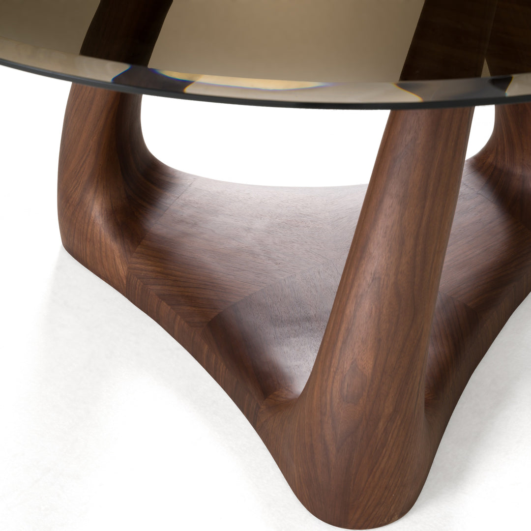 Christy - Mid-Century Modern Grey Glass + Walnut Round Dining Table