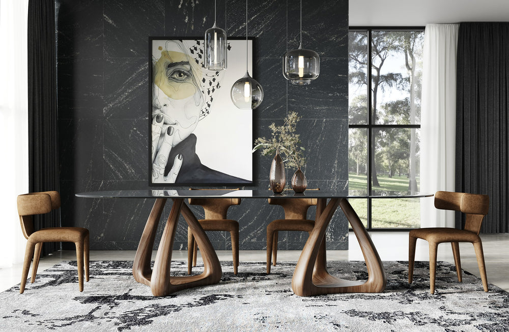 Christy - Mid-Century Modern Grey Glass + Walnut Oval Dining Table