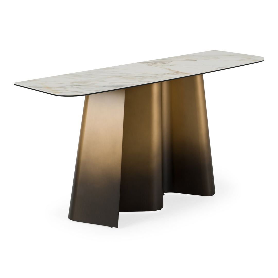 Clifford - Contemporary White Ceramic + Brushed Bronze Console Table