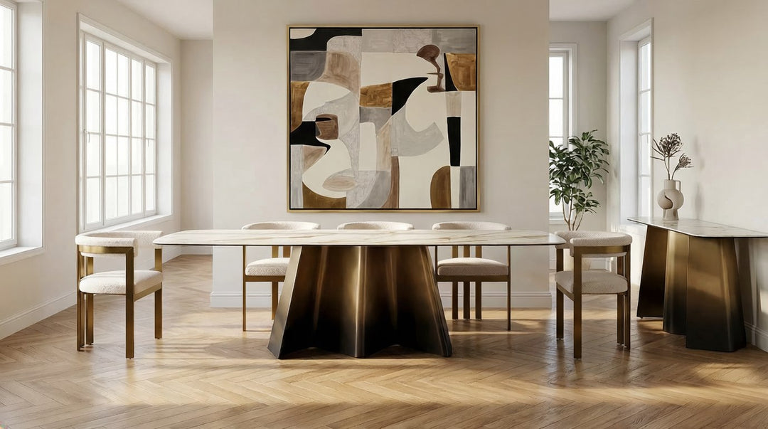 Clifford - Contemporary White Ceramic + Brushed Bronze Dining Table
