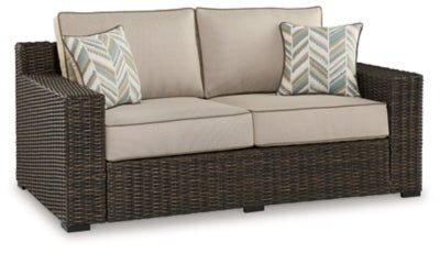 Coastline Bay Outdoor Loveseat with Cushion - Dark Brown | Ashley Furniture