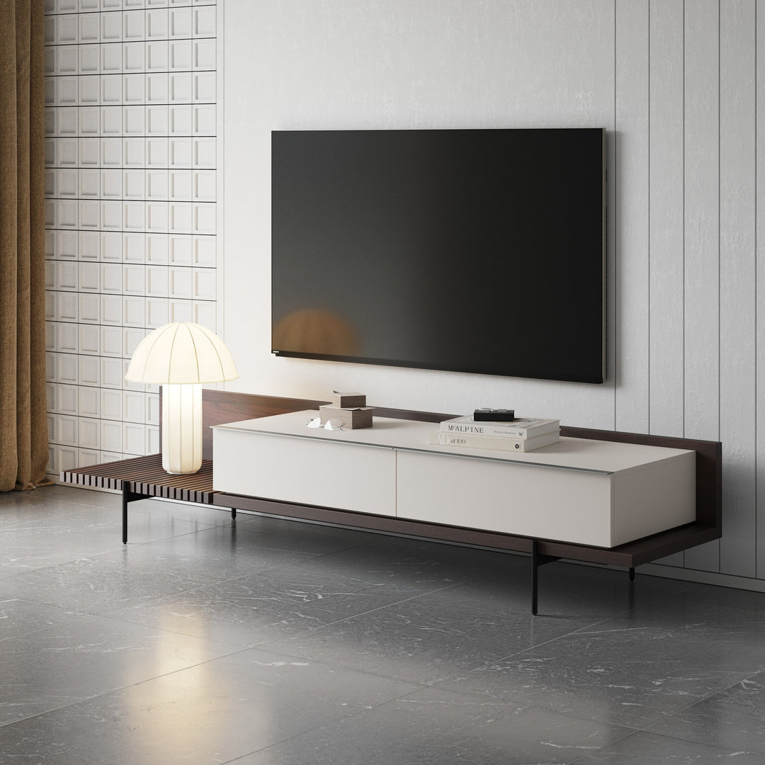 Colima - Modern Matte Beige + Walnut TV Stand