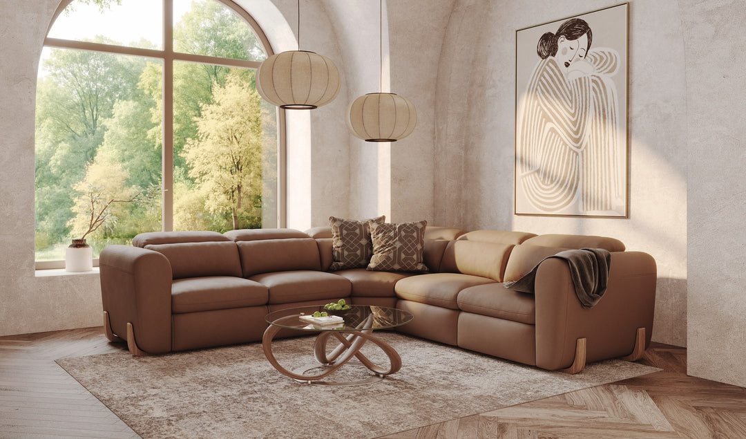 Conrad - Modern Brown Leather Sectional Sofa with 3 Recliners