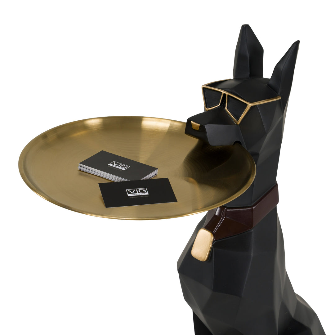 Cool Dog With Plate Modern Black + Gold Sculpture