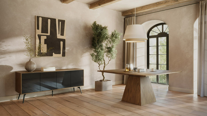 Cora- Modern Walnut and Black Tempered Glass Dining Table