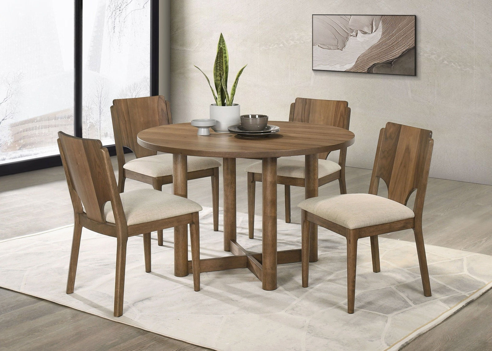 Crestmore - 5 Piece Round Wood Dining Table Set - Walnut 5 - Piece Dining Room Set modern furniture Contempo Furniture