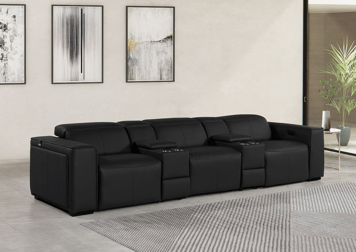 DivanItalia 1224 5-Piece Modular Power Reclining Sofa in Top Grain Italian Leather with 3 Power Recliners &amp; Power Headrests - Black