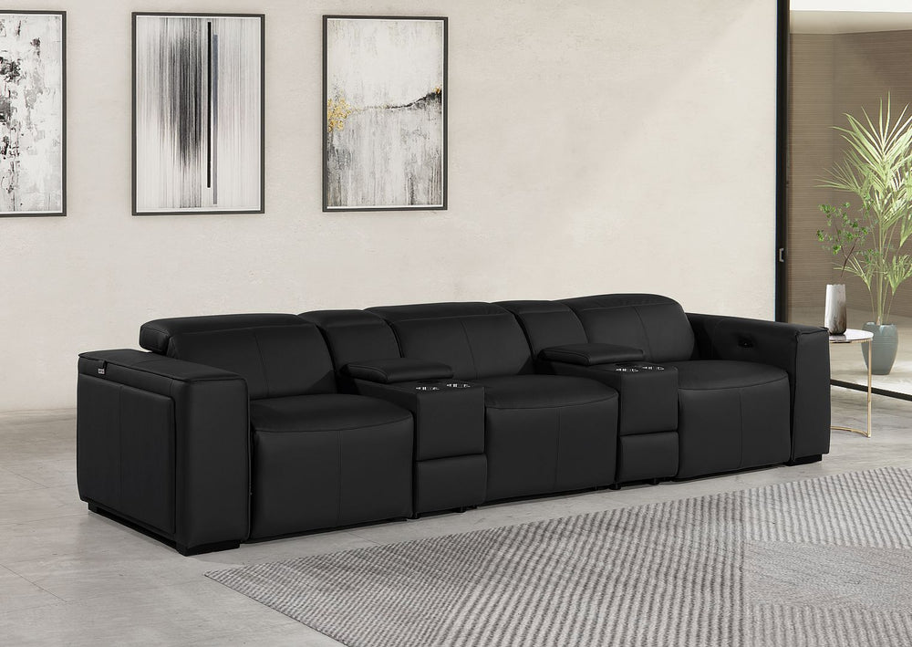 DivanItalia 1224 5-Piece Modular Power Reclining Sofa in Top Grain Italian Leather with 3 Power Recliners & Power Headrests - Black