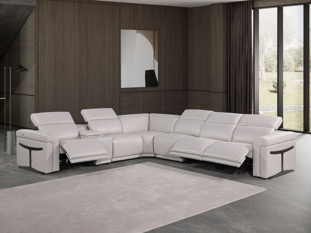 DivanItalia 1126 7-Piece L-Shaped Sectional Sofa in Top Grain Italian Leather with 3 Power Recliners & Power Headrests - Light Gray