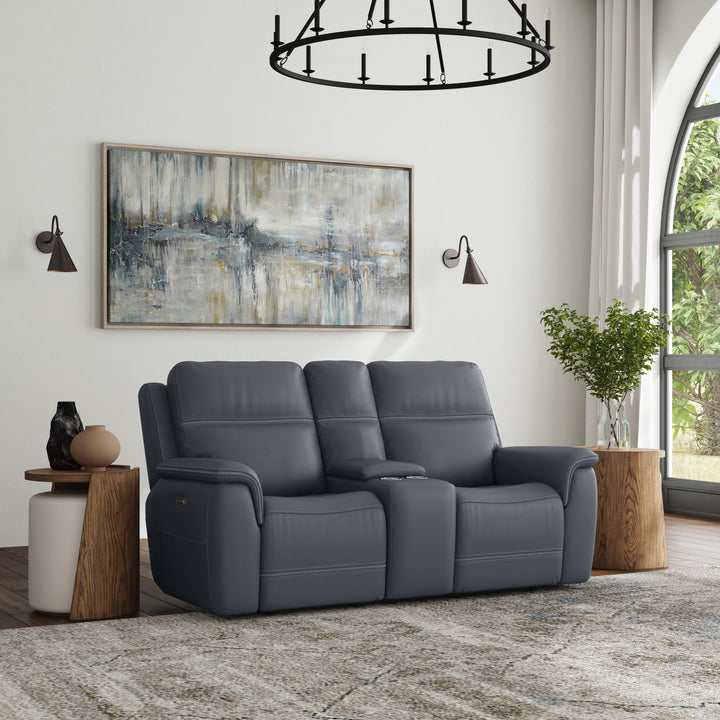 Sawyer Leather Pwr Recl Loveseat w/ Console, Pwr Hdrsts, Lumbar in Marine