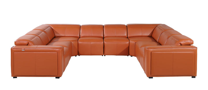 DivanItalia 1224 8-Piece U-Shaped Sectional Sofa in Top Grain Italian Leather with 4 Power Recliners &amp; Power Headrests – No Console - Camel