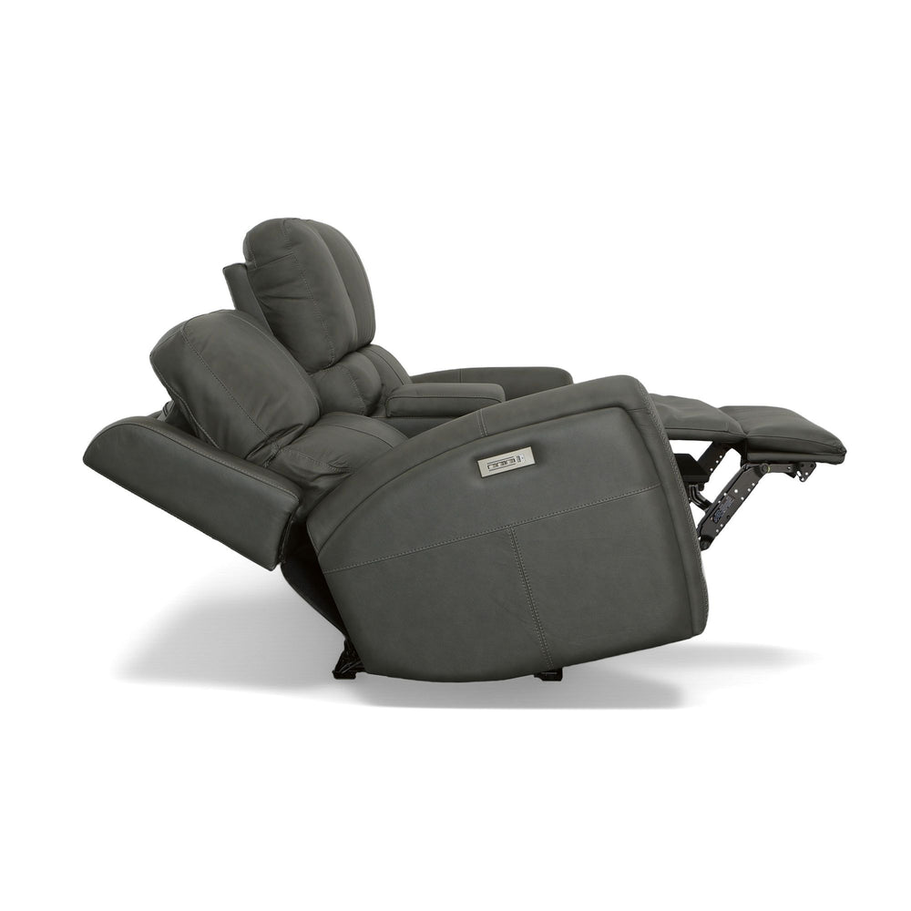 Linden Leather Power Reclining Loveseat with Console & Power Headrests & Lumbar in Charcoal