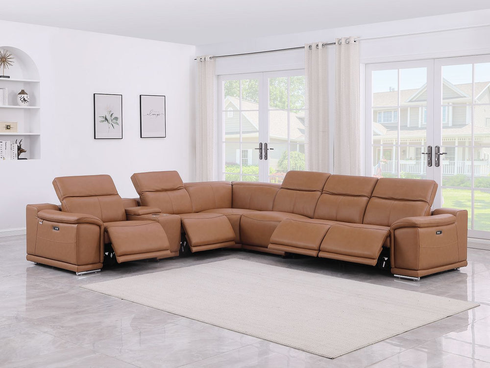 DivanItalia 9762 7-Piece L Shaped Top Grain Italian Leather Sectional Sofa with 4 Power Recliners - Cognac