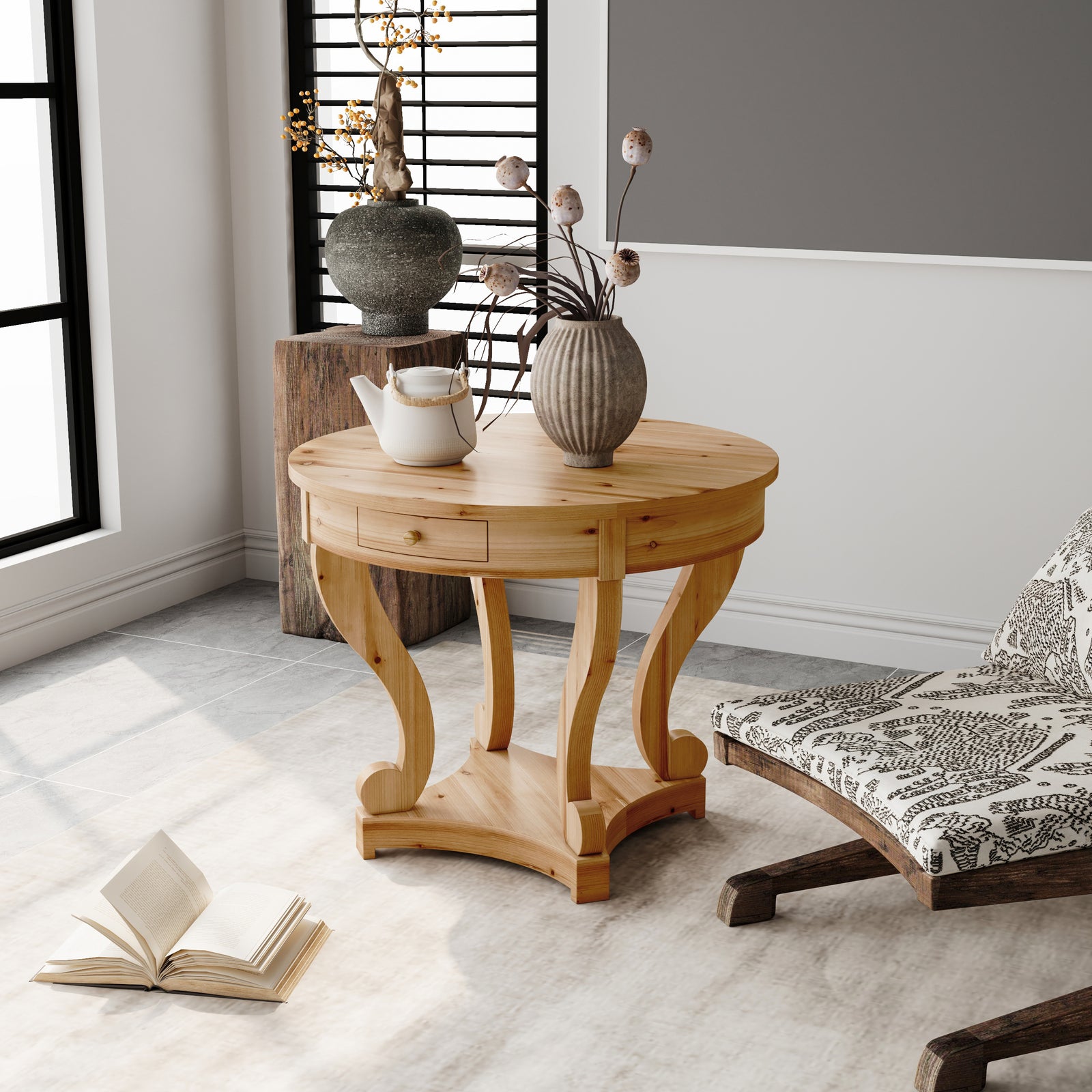 Small Round Curved Legs Farmhouse Style Table, Kitchen, Natural Wood