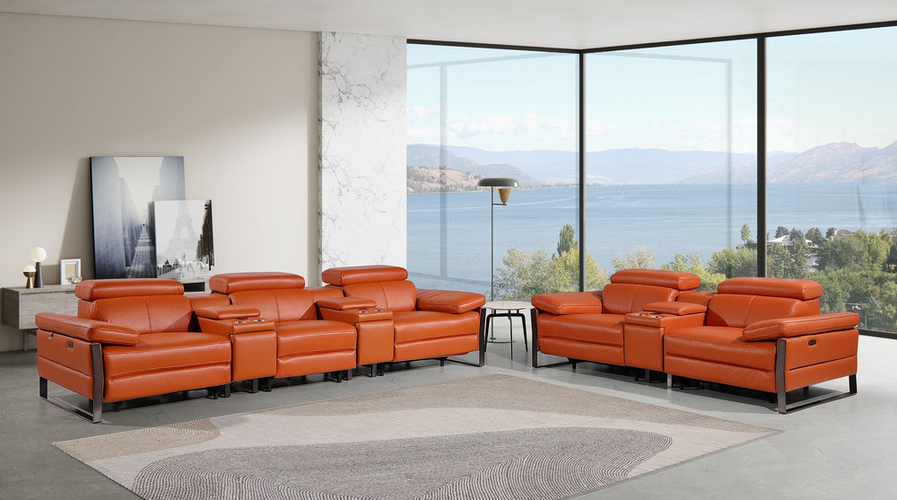 DivanItalia 1246 Modular Power Reclining Dual Console Sofa and Console Loveseat Set with Power Headrests – Top Grain Italian Leather - Camel