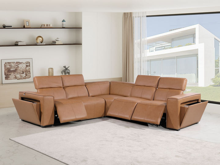 DivanItalia 1224 5-Piece L-Shaped Sectional Sofa in Top Grain Italian Leather with 3 Power Recliners &amp; Power Headrests - Cognac