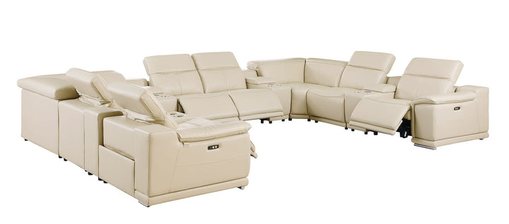 DivanItalia 9762 12-Piece U Shaped Top Grain Italian Leather Sectional Sofa with 4 Power Recliners - Beige