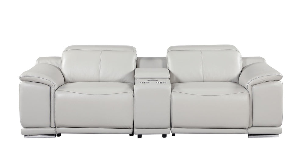 DivanItalia 9762 3-Piece Modular Power Reclining Console Loveseat with 2 Power Recliners in Top Grain Italian Leather - Light Gray