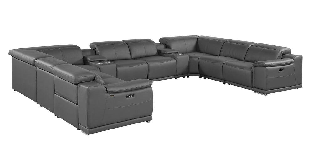 DivanItalia 9762 10-Piece U Shaped Top Grain Italian Leather Sectional Sofa with 4 Power Recliners - Dark Gray