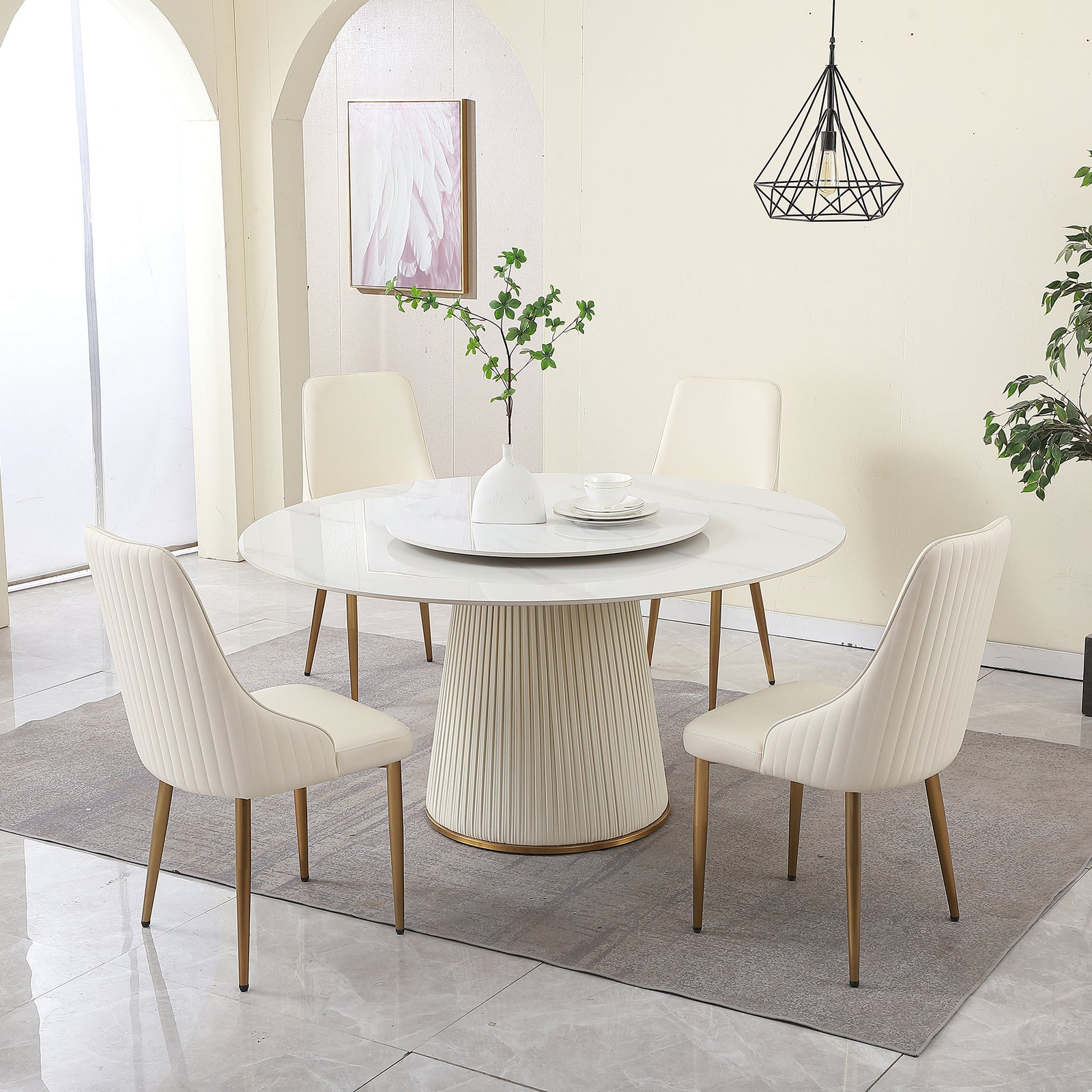 59″ Sintered Stone Round Dining Table with Lazy Susan & Metal Pedestal Dining Set