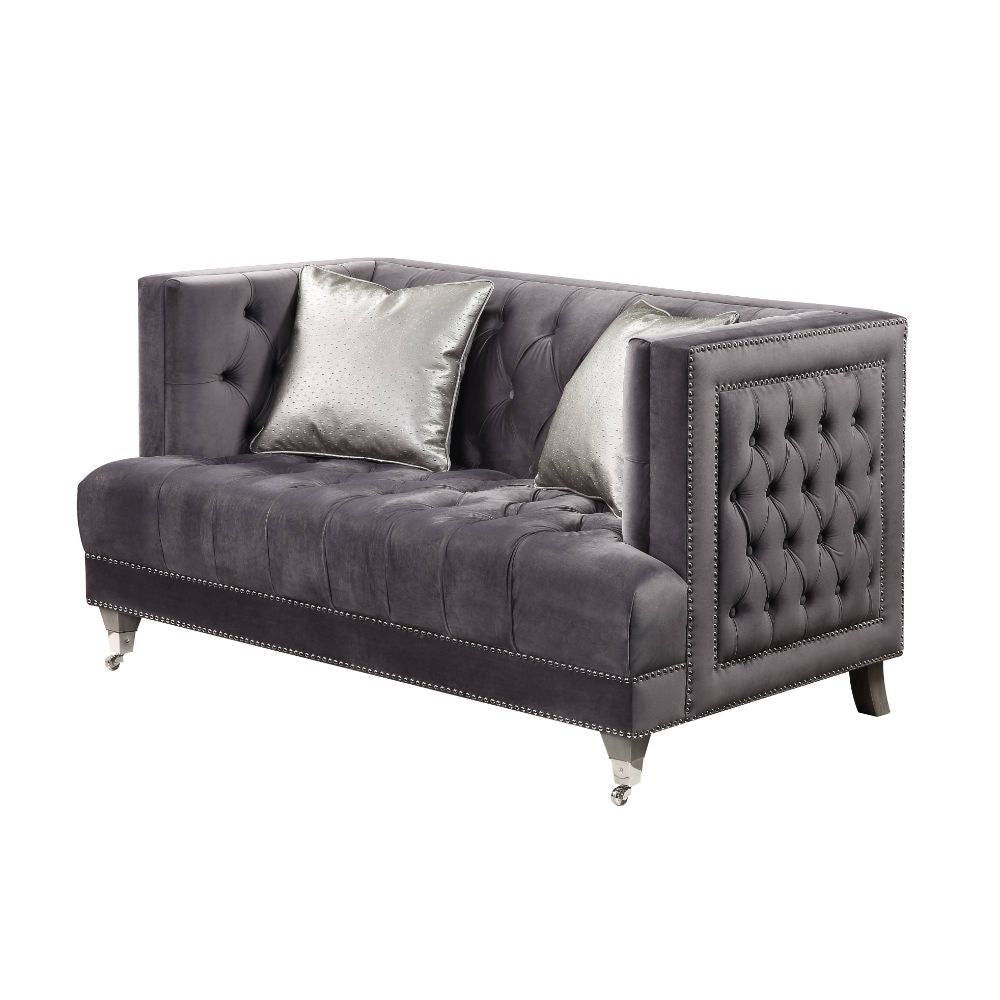 ACME Furniture Hegio Loveseat With 2 Pillows Gray Velvet