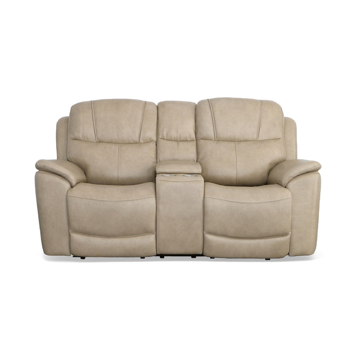 Crew Leather Power Reclining Loveseat with Console, Power Headrests &amp; Lumbar in Pebble