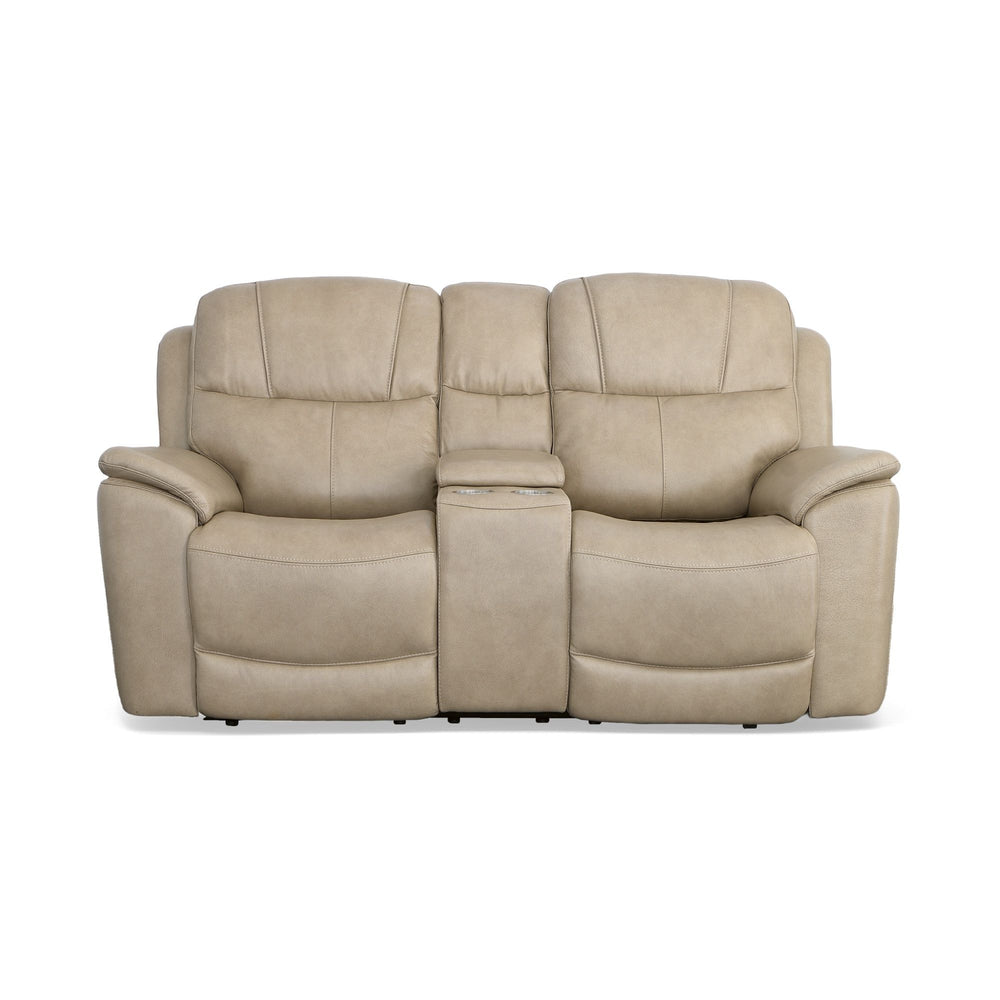 Crew Leather Power Reclining Loveseat with Console, Power Headrests & Lumbar in Pebble