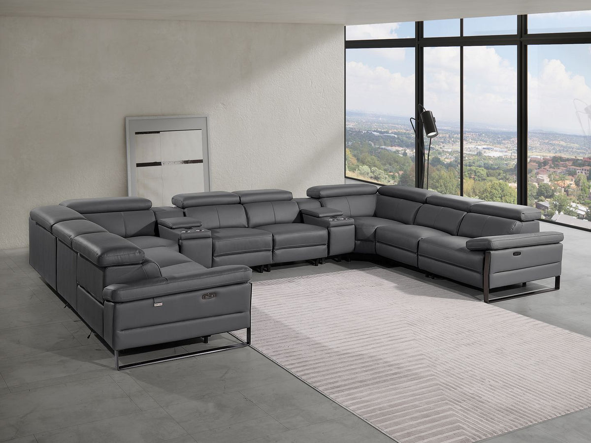 DivanItalia 1246 10-Piece U-Shaped Modular Power Reclining Sectional with 4 Power Recliners and Power Headrests – Top Grain Italian Leather - Dark Gray