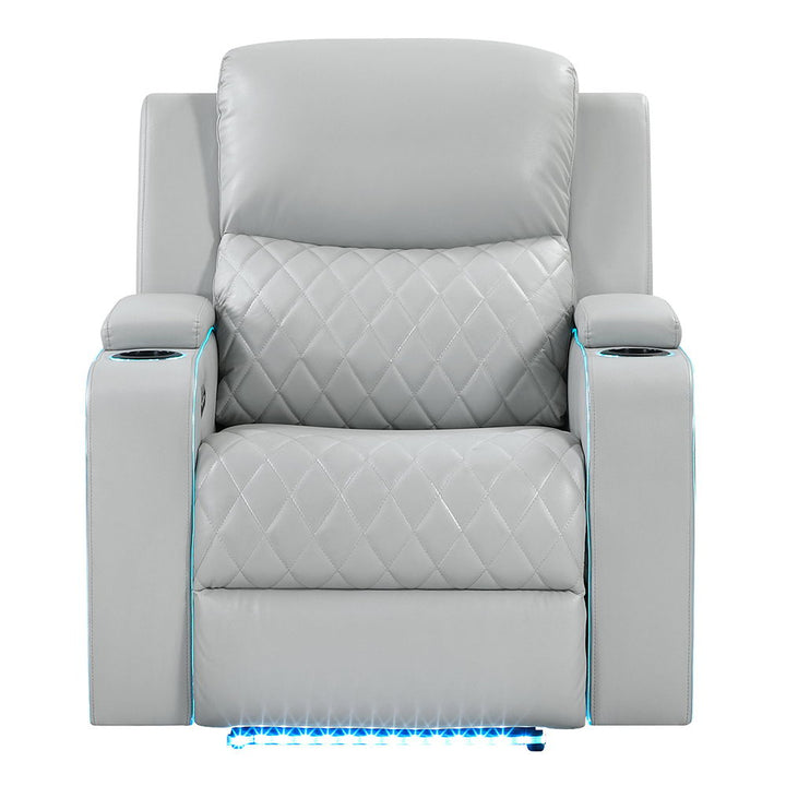 Elonzo - Power Motion Recliner With LED, Power Headrest & Speaker - Light Gray
