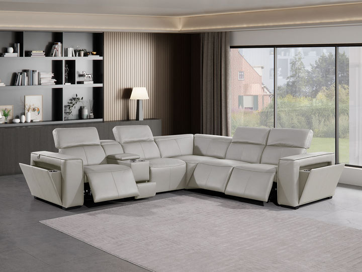 DivanItalia 1224 6-Piece L-Shaped Sectional Sofa in Top Grain Italian Leather with 3 Power Recliners &amp; Power Headrests - Light Gray