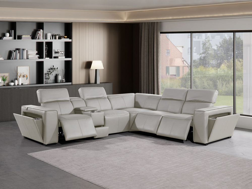 DivanItalia 1224 6-Piece L-Shaped Sectional Sofa in Top Grain Italian Leather with 3 Power Recliners & Power Headrests - Light Gray