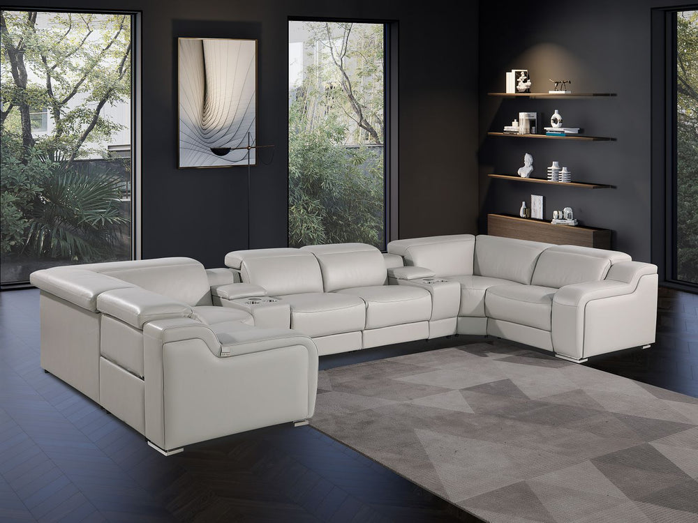 DivanItalia 1116 8-Piece U-Shaped Sectional Sofa in Top Grain Italian Leather with 2 Power Recliners & Power Headrests – with Console - Light Gray