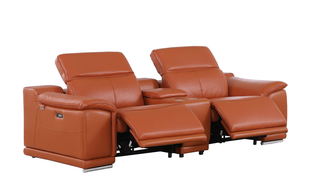 DivanItalia 9762 3-Piece Modular Power Reclining Console Loveseat with 2 Power Recliners in Top Grain Italian Leather - Camel