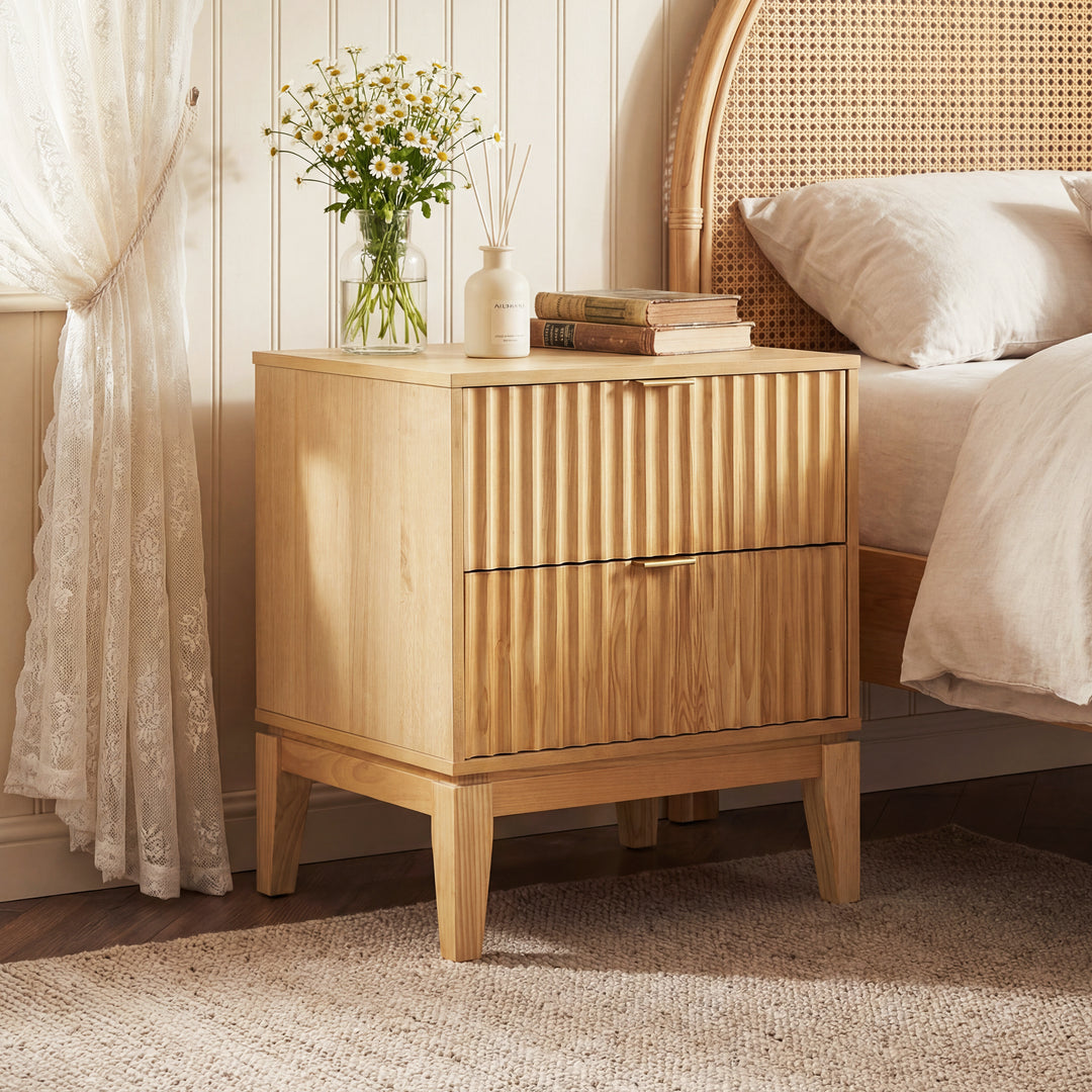 Fluted Two-Drawer Nightstand – Natural