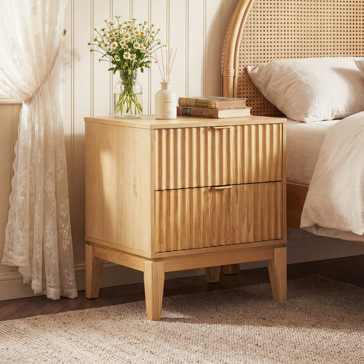 Fluted Two-Drawer Nightstand – Natural